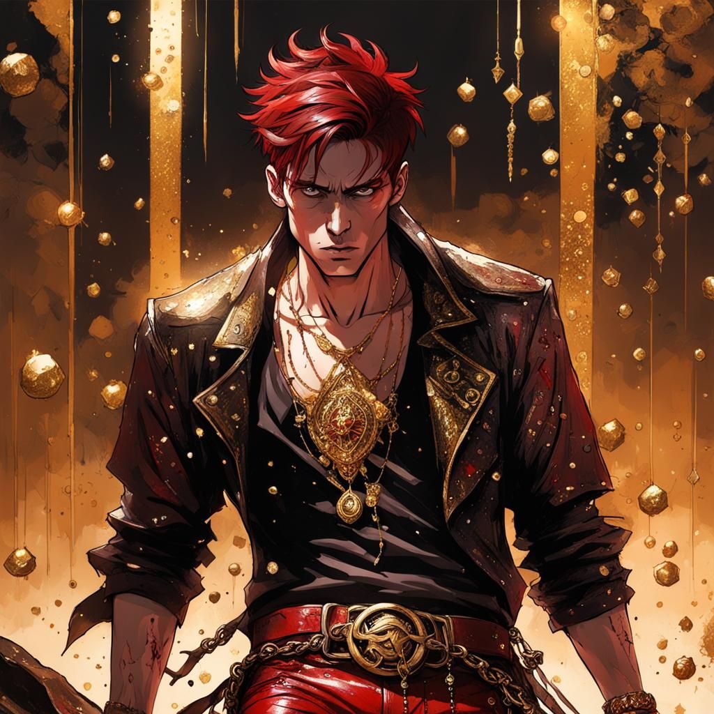 Goth Man in Red Leather and Gold, Digital Art