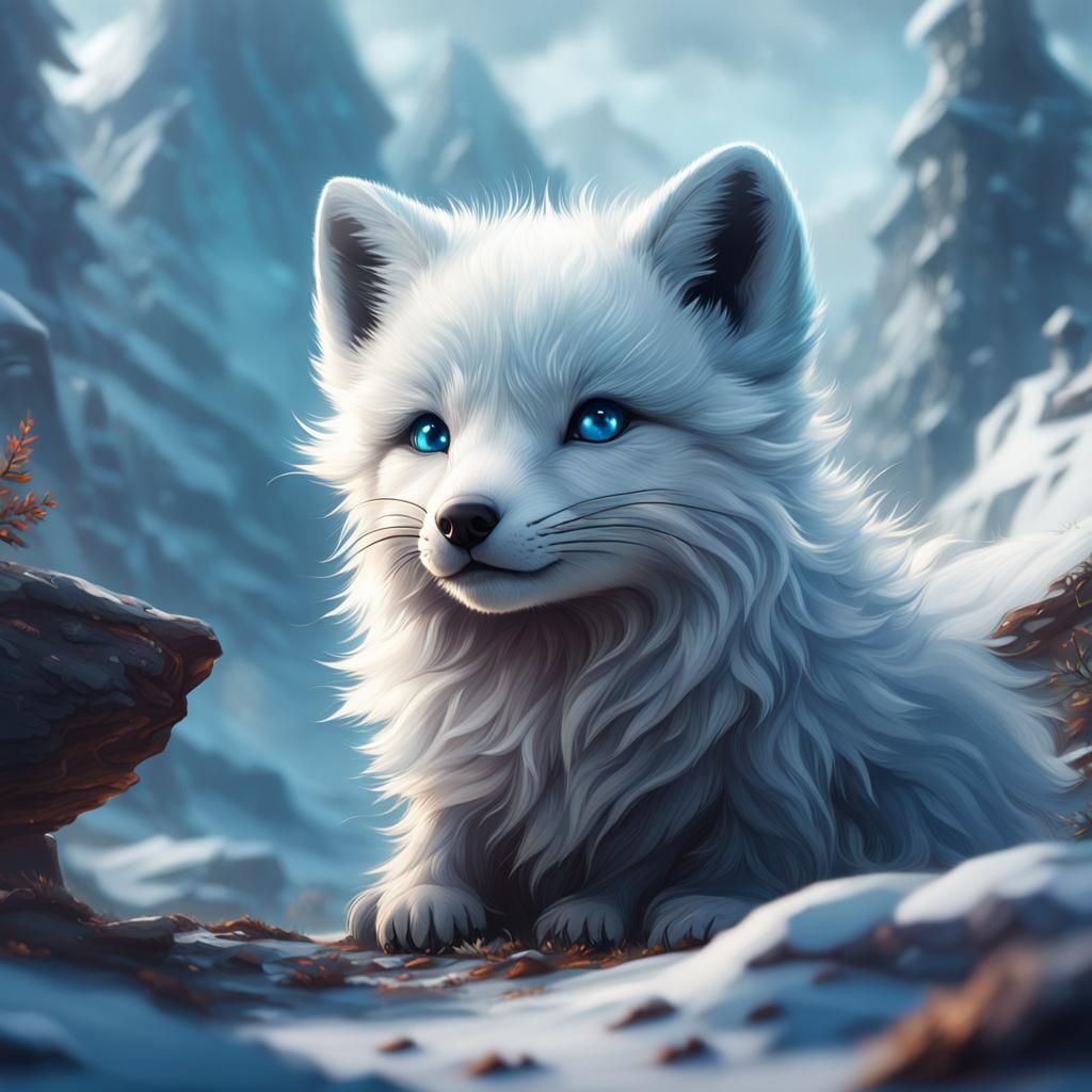 Cute Arctic Fox Baby in Detailed Fantasy Art