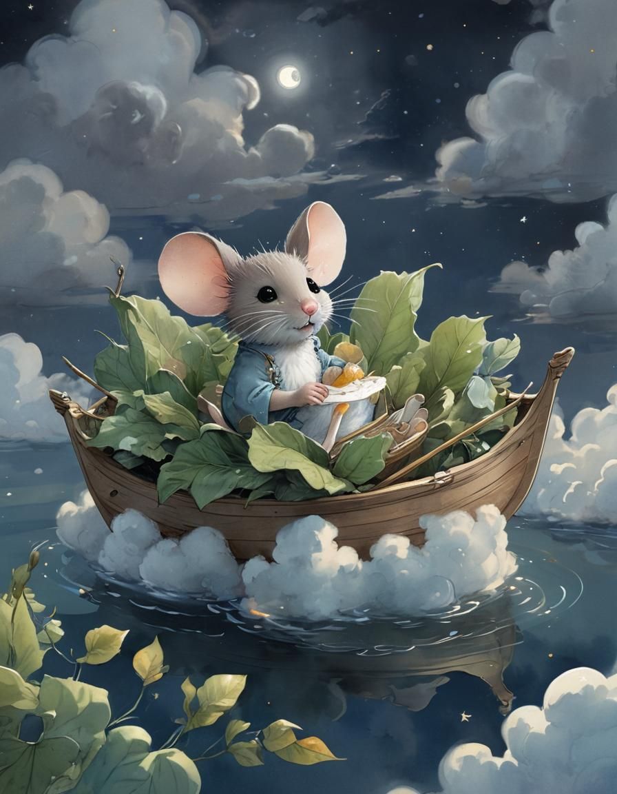 Chibi Mouse in Leaf Boat Under Moonlight