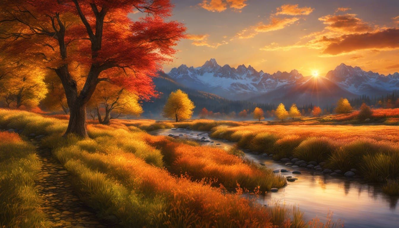 Autumn Sunset Landscape with Meadows and Stream