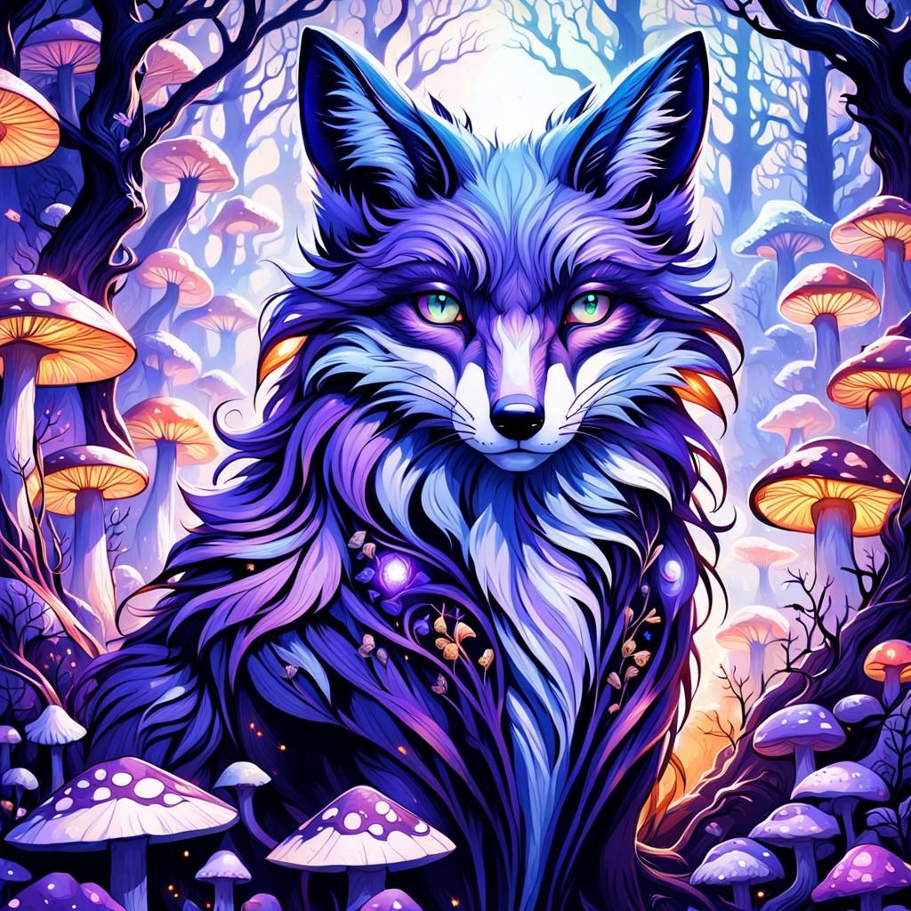 Mystical Fox in Enchanted Forest, Ornate Dark Fantasy