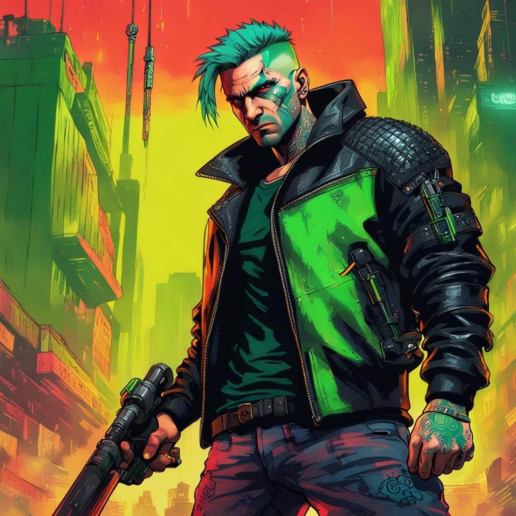 Tough cyberpunk man with tattoos and green hair.