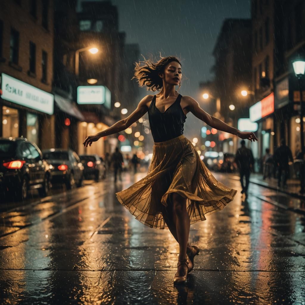 Motion-Blurred Dancer in Rain-Soaked Cityscape