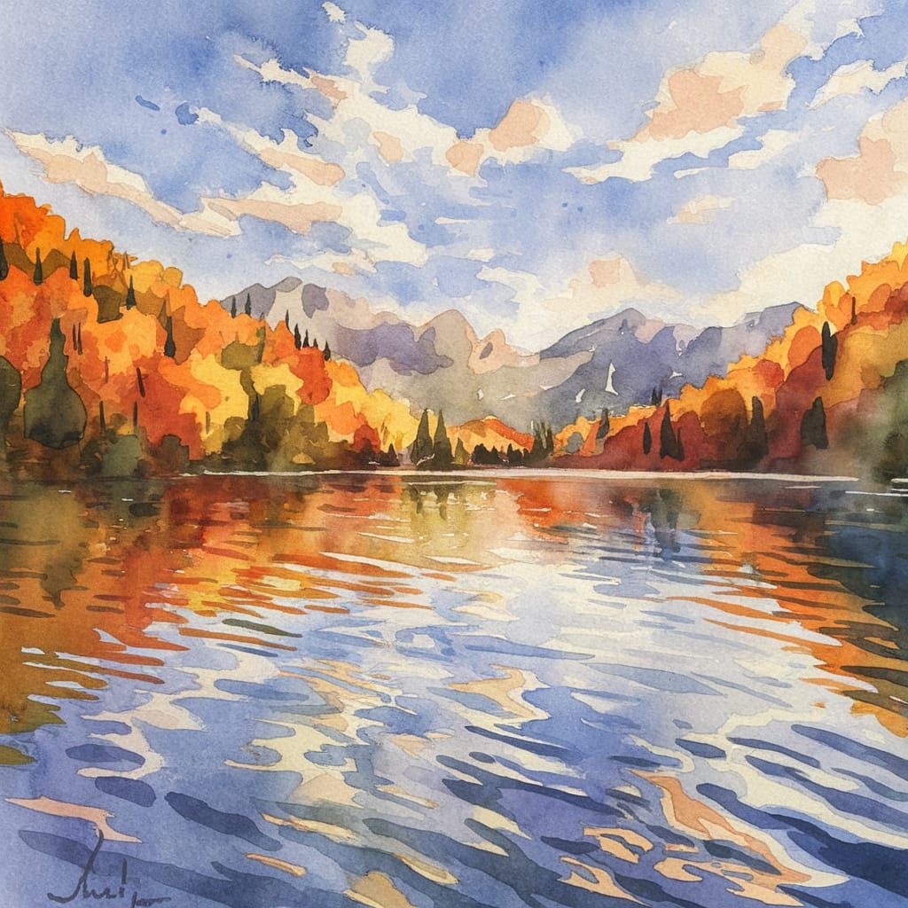 A watercolor painting of a beautiful wilderness mountain lak...