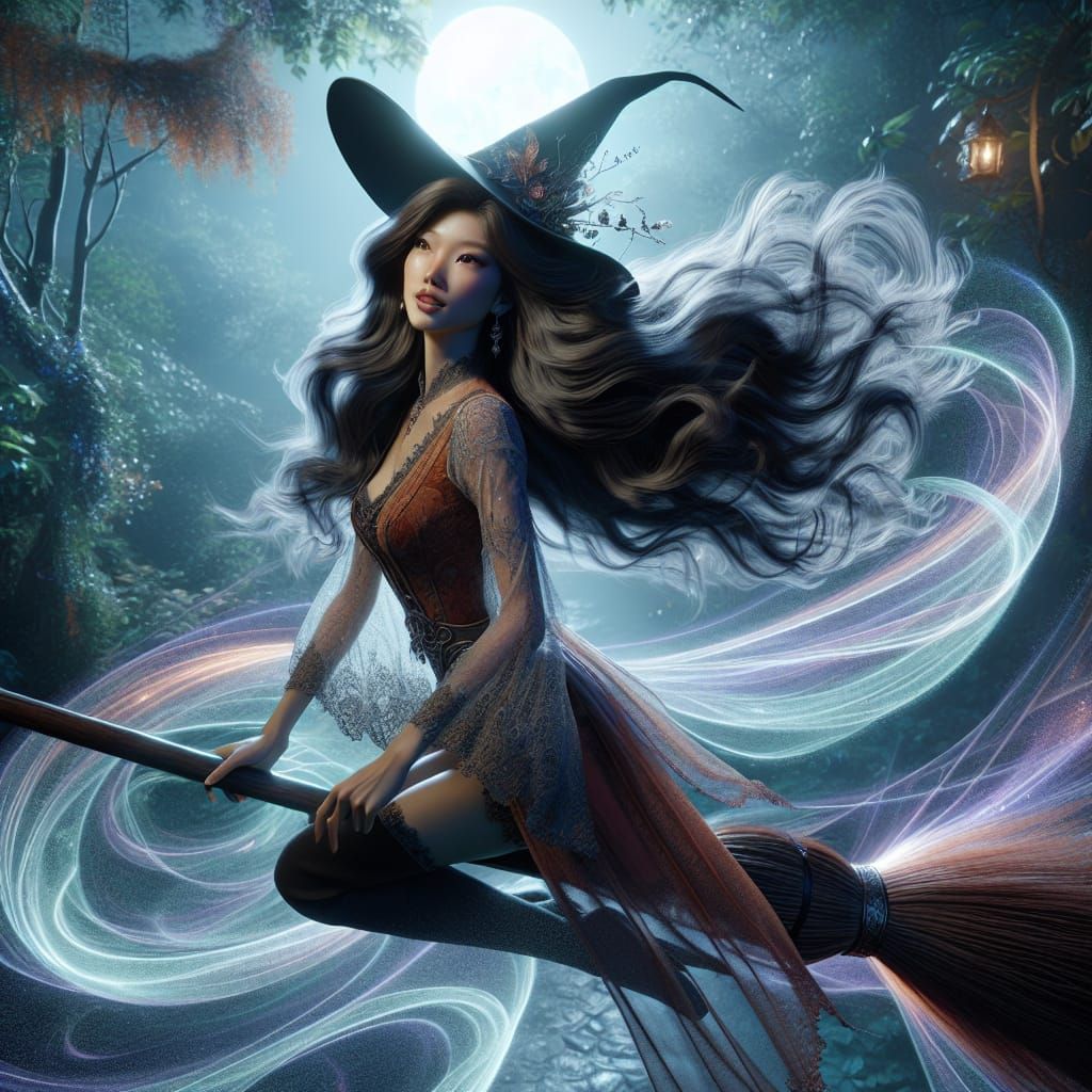Enchanting Witch Soaring Through Moonlit Forest