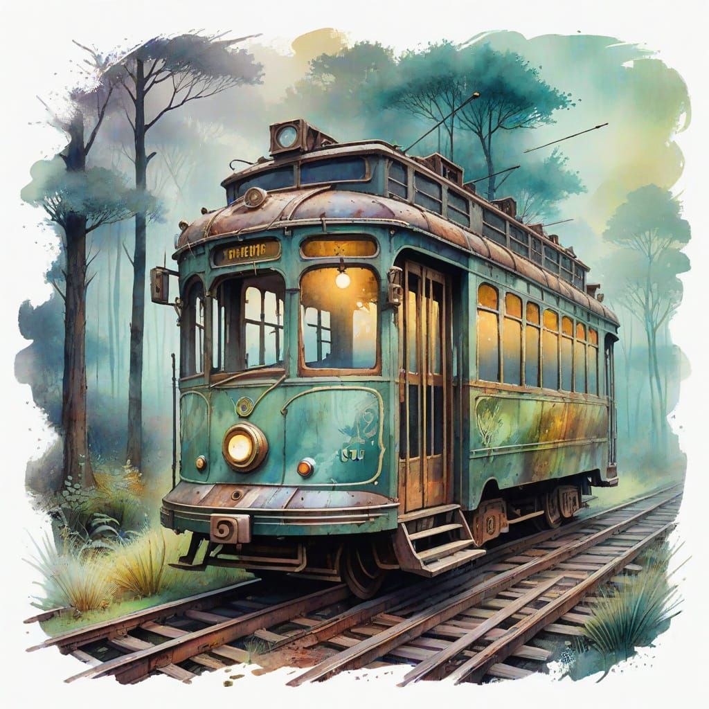 Vintage Steampunk Trolley Car in Ethereal Morning Mist