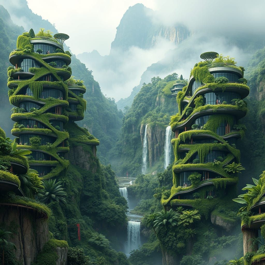 Lush Tropical Eco-City in Hyperrealistic Solarpunk Style