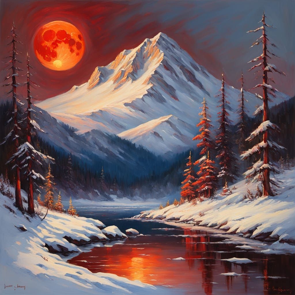 Red Moon Reflected on Snowy Mountain, Oil Painting