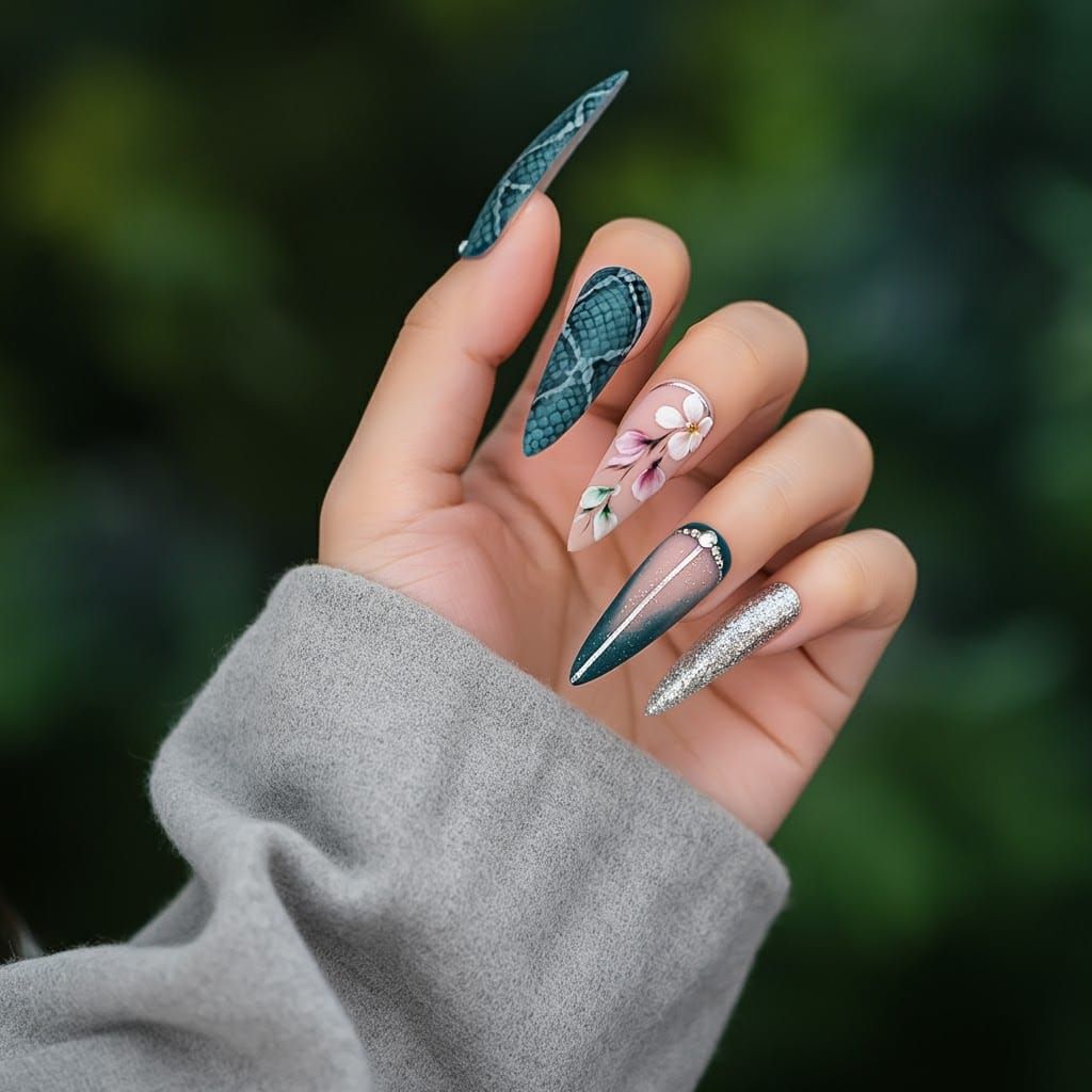 Stiletto Nails with Intricate Nail Art Design
