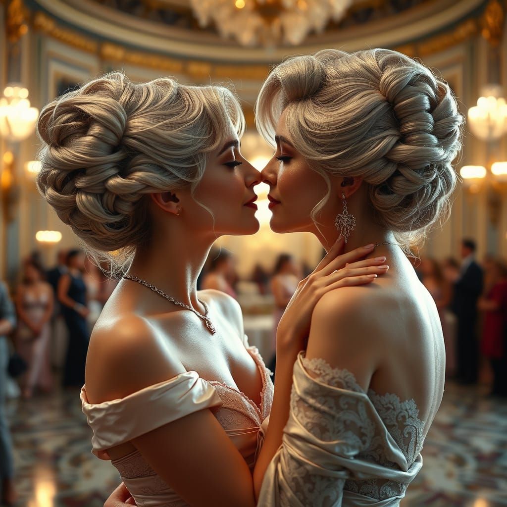 Elegant Women Share Kiss in Art Nouveau Style