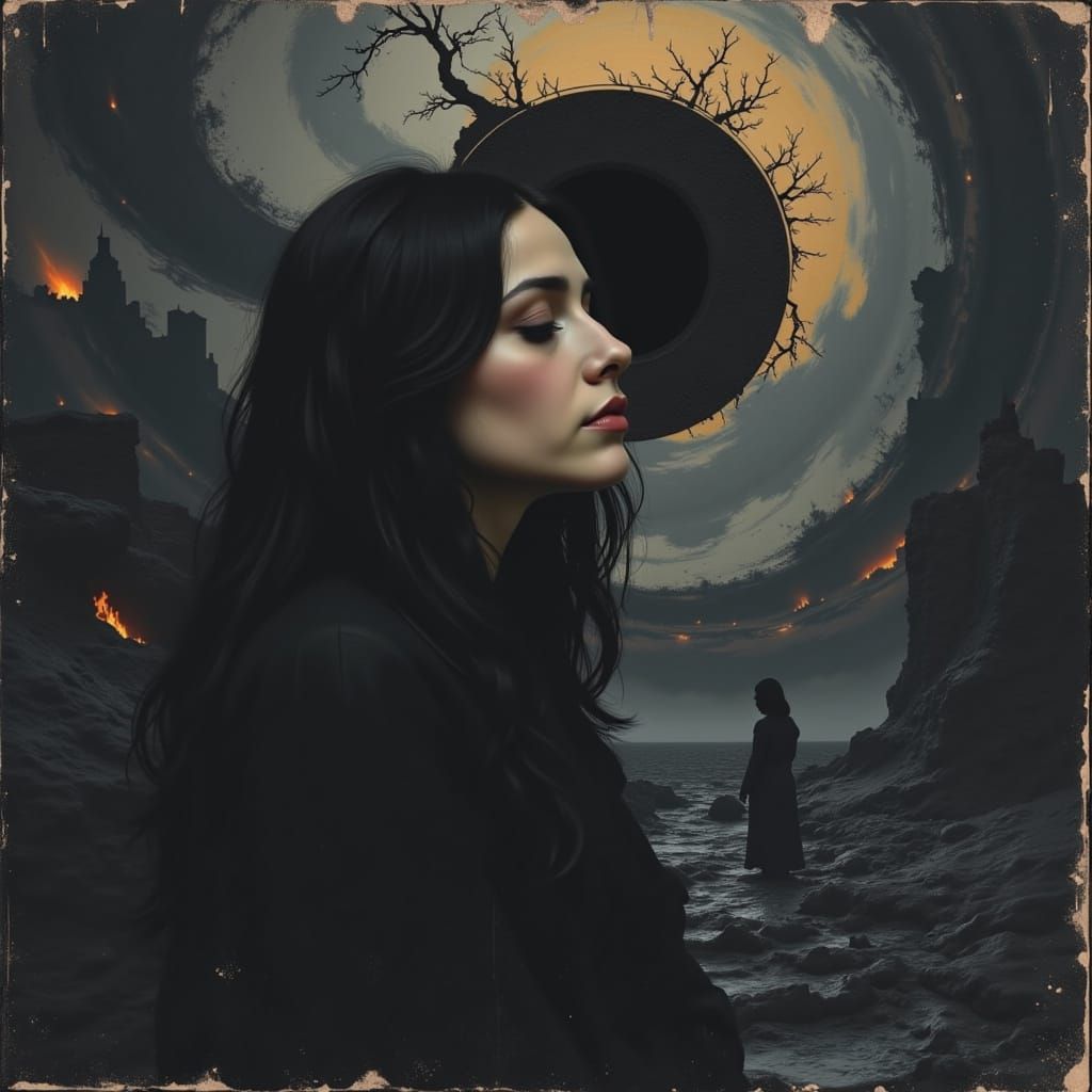 Mystical Figure in Devastated Landscape