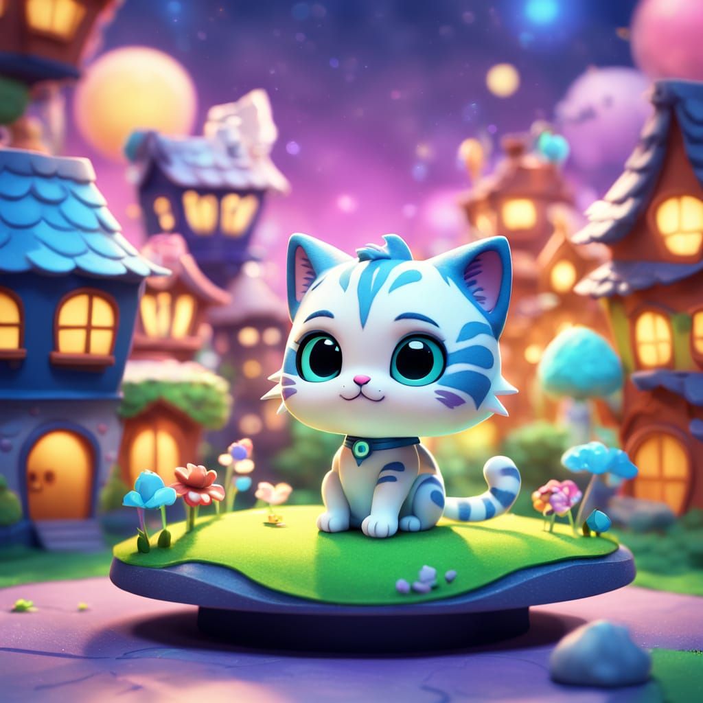 Chibi Cat in Fairy Village: 3D Digital Art
