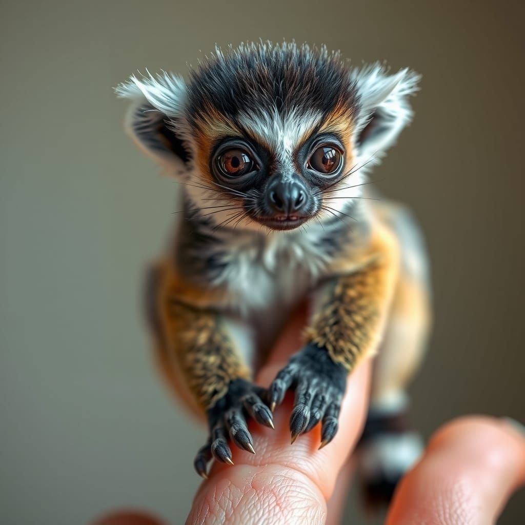Cute Dwarf Lemur on Human Finger: Hyperrealistic Photo