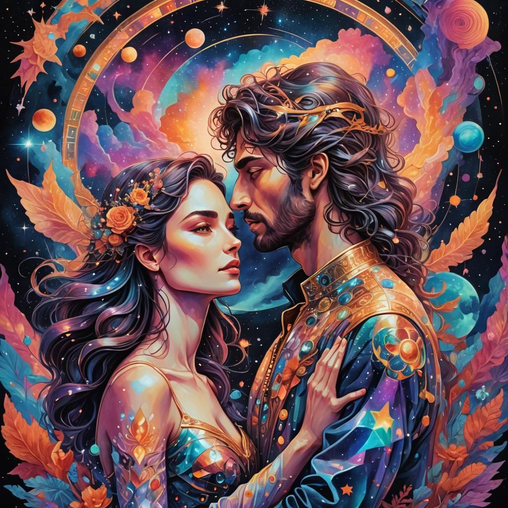 Cosmic Lovers Embrace in Astral Holographic Illustration