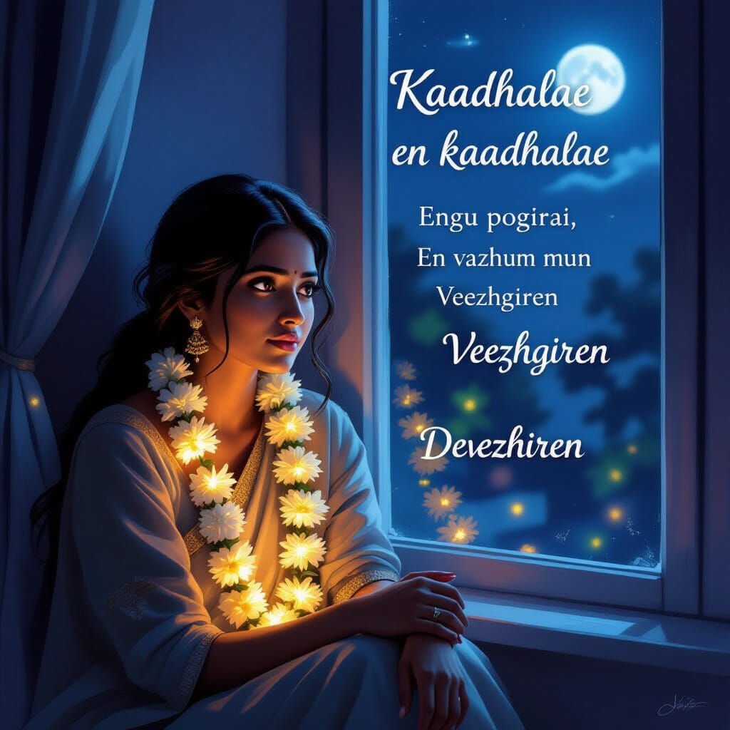 Poetic Digital Painting: Woman Lost in Thought by Moonlit Wi...