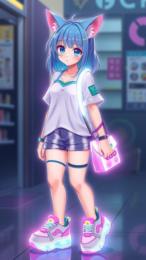 Luminous Kawaii Rave Cat-Girl in Anime Style