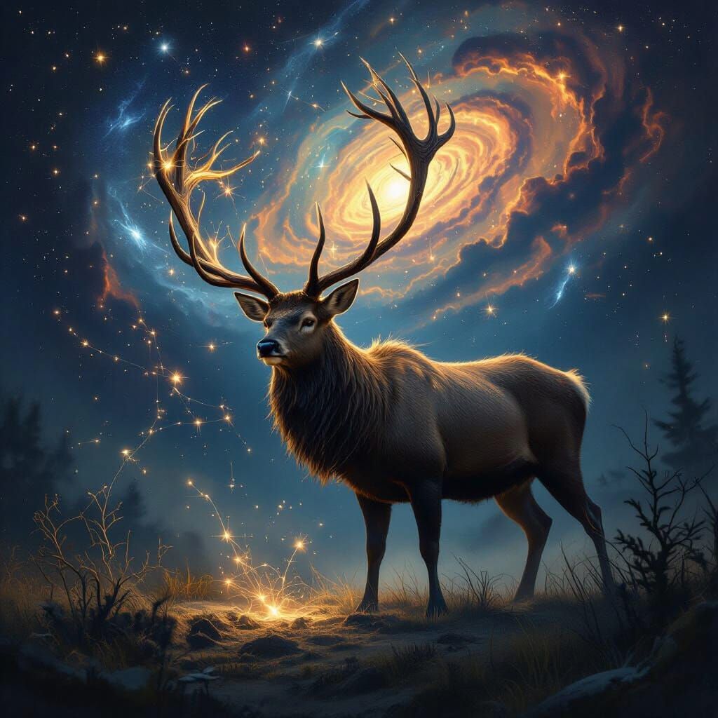 Majestic Stag Traces Constellations Under Cosmic Nebula