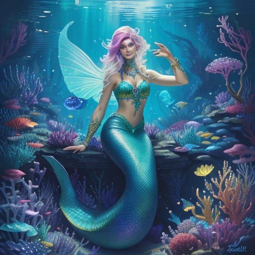 Male Mermaid in Gemstone Garden Fantasy Art