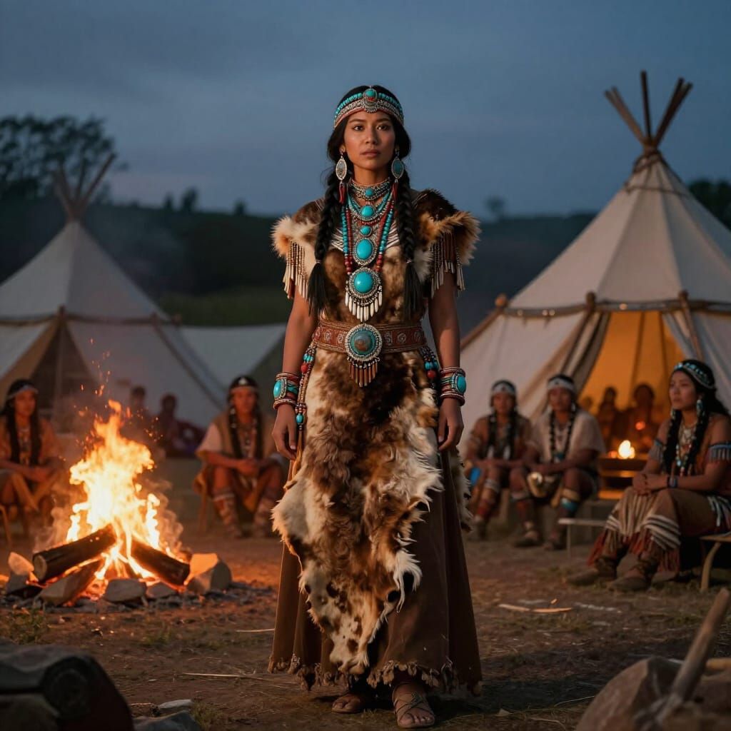 Native American Queen in Buffalo Gown Overlooking Tribal Cam...