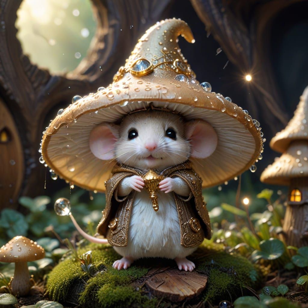 Whimsical Mouse Wizard in Enchanted Mushroom Abode