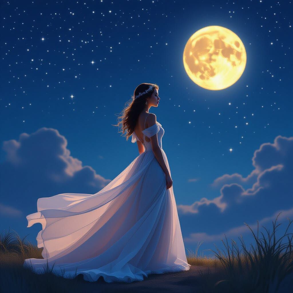 Celestial Woman Under Starry Sky: Digital Art