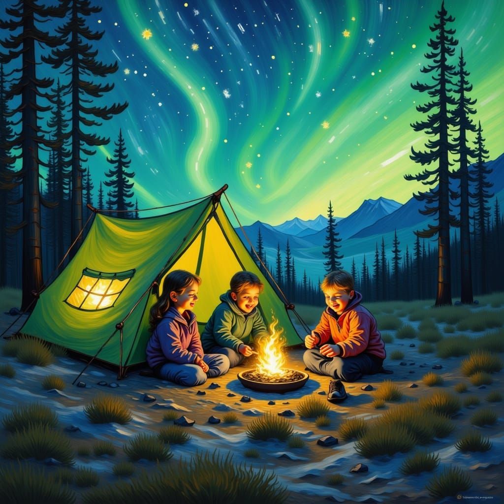 Magical Camping Scene with Aurora Borealis Oil Painting