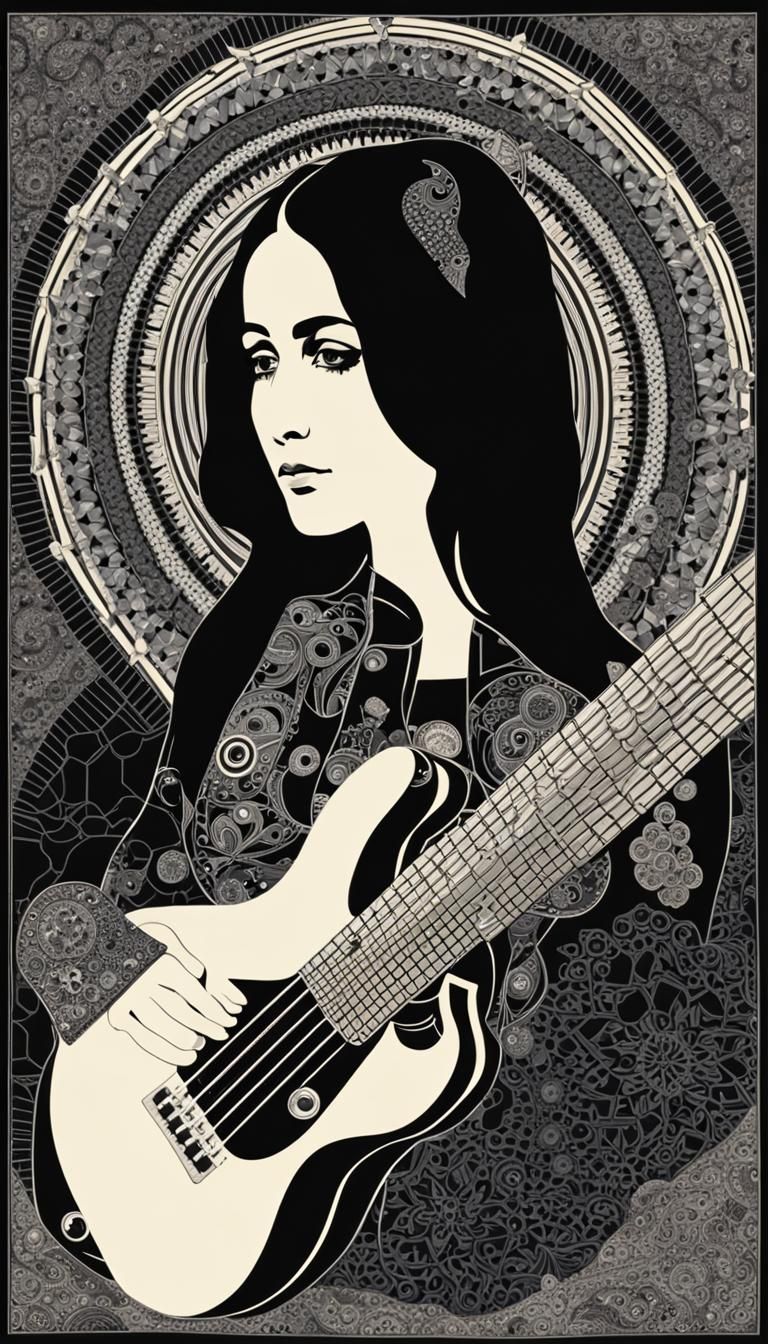 Joan Baez Plays Bass Guitar in Surreal Style