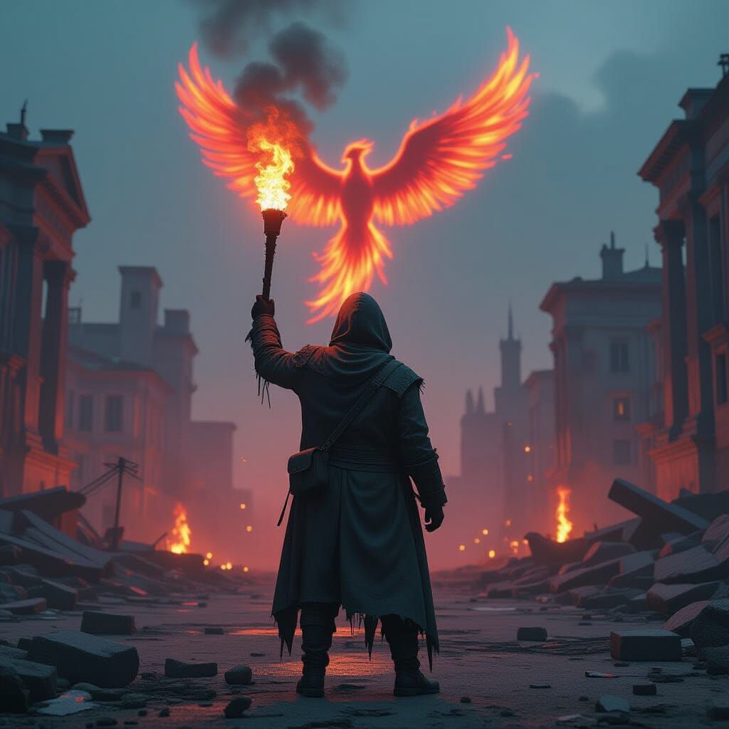 Phoenix Rises Over Ruined Cyberpunk City