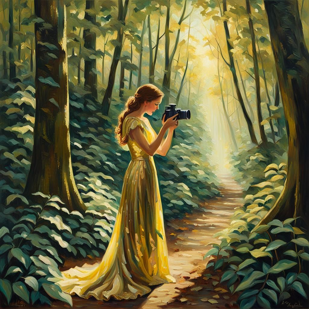 Girl Captures Emerald Leaves: Impressionist Oil Painting