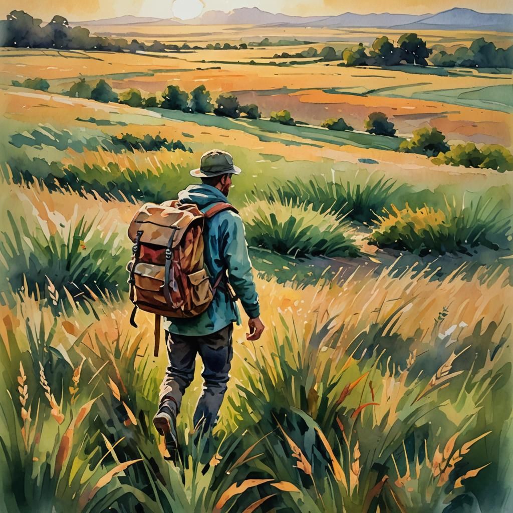Traveler in Golden Field: Gouache Watercolor Painting