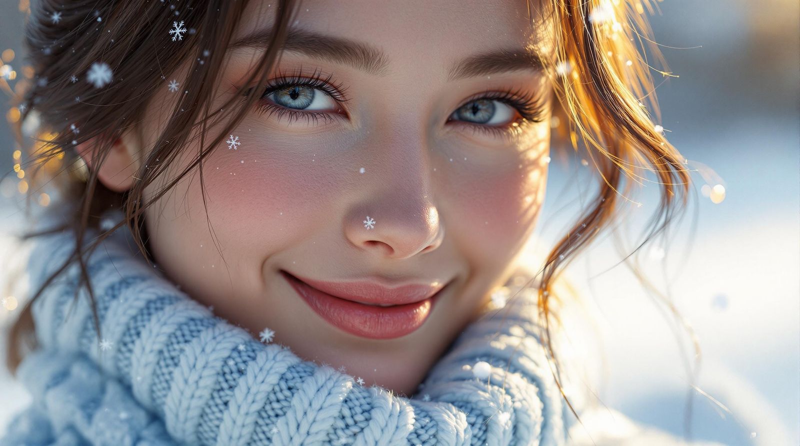 A Cozy Woman in Light Blue Sweater on Snowy Day