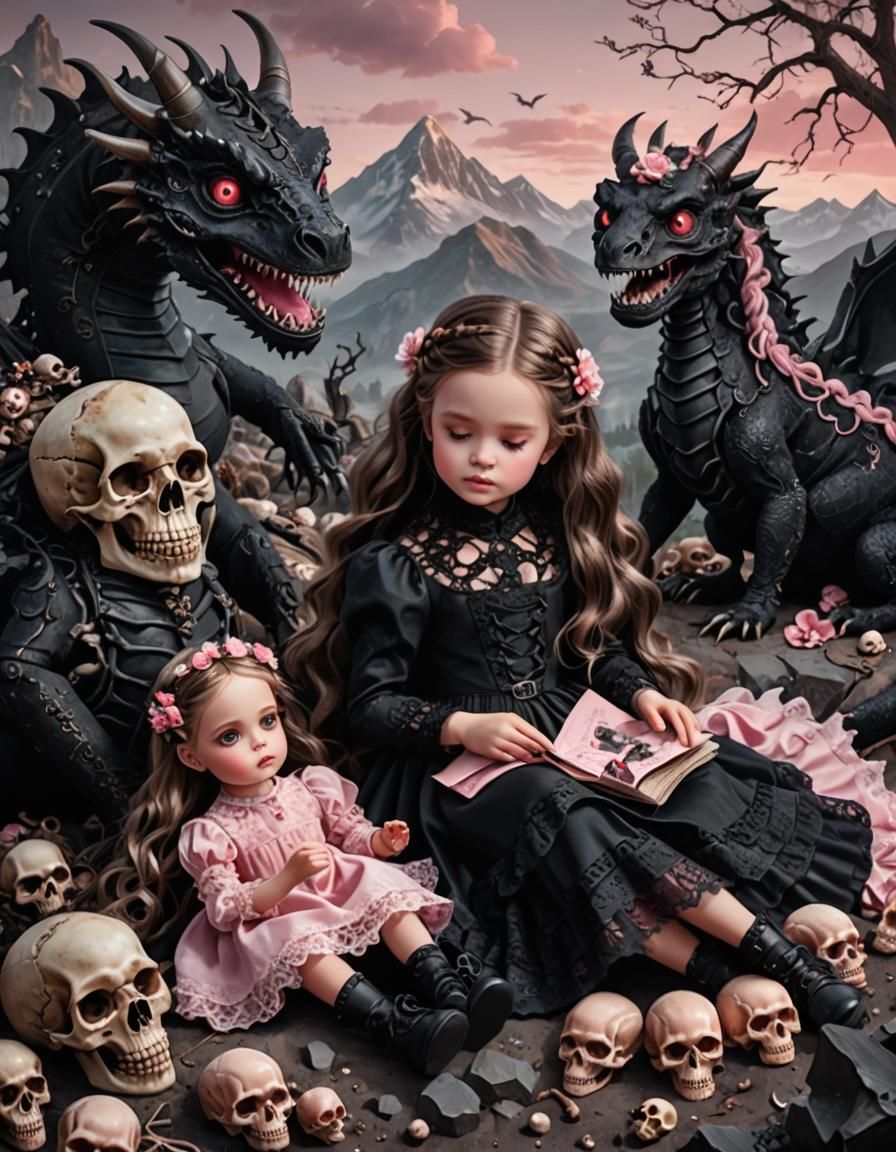 Victorian Girl with Doll on Bone Mountain