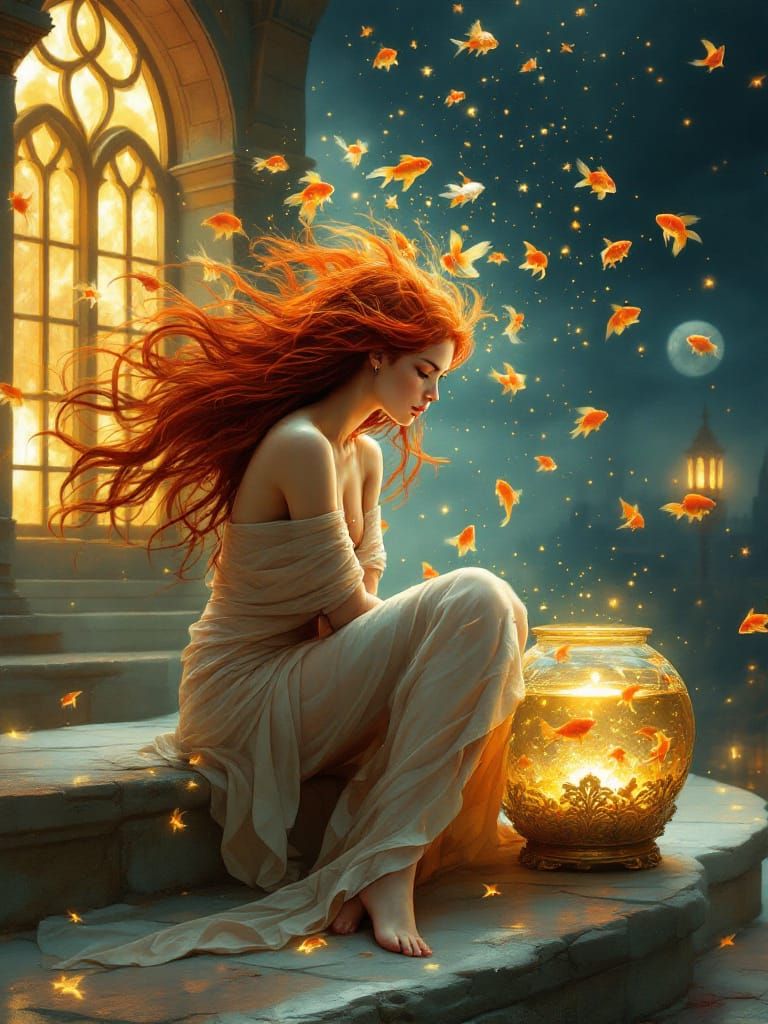 Crimson Haired Woman in Ethereal Dreamscape