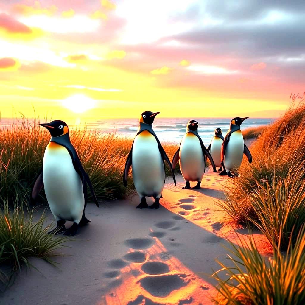 Penguins Walking on Sandy Path at Sunset