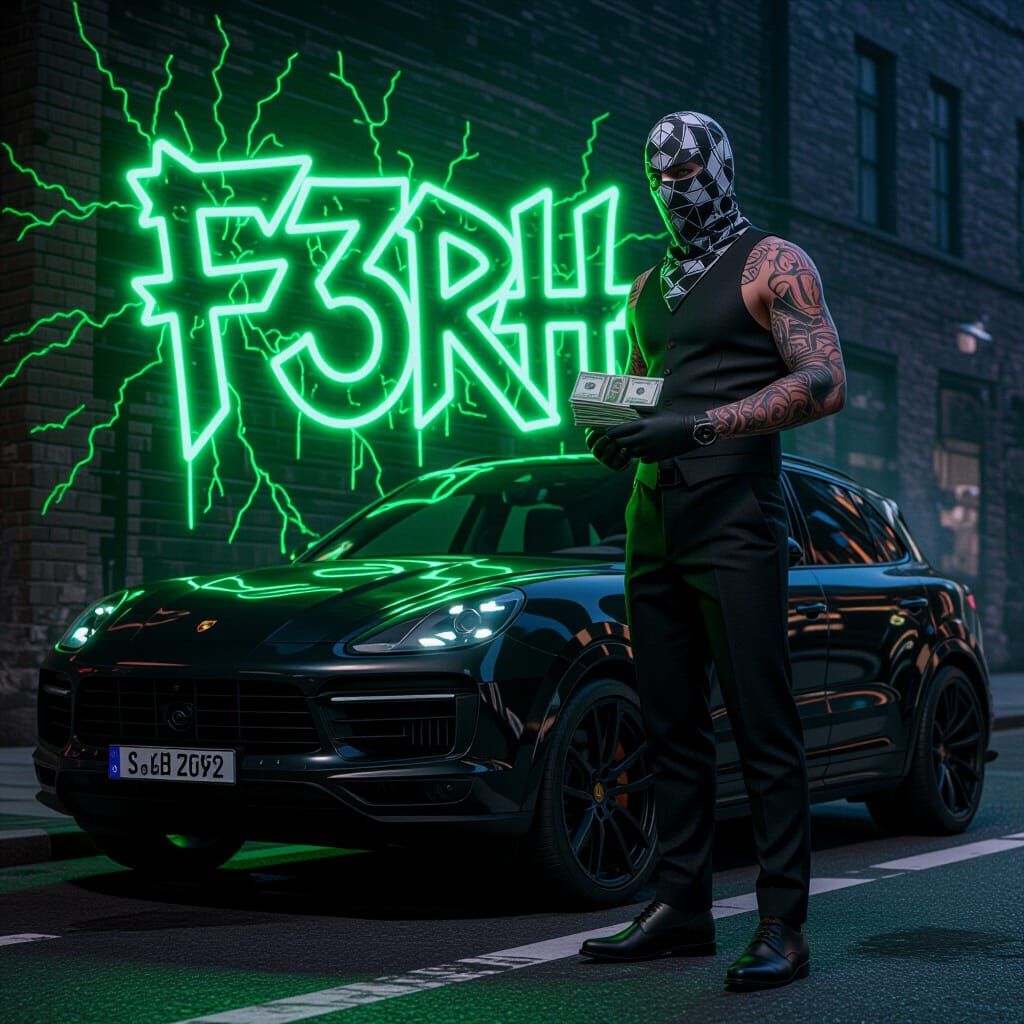 Cyberpunk Hacker with Slavic Tattoos and Neon Graffiti