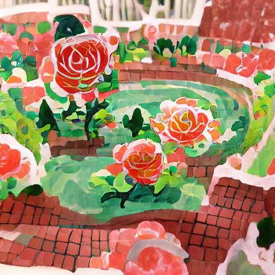 Detailed Gouache Painting of a Rose Garden