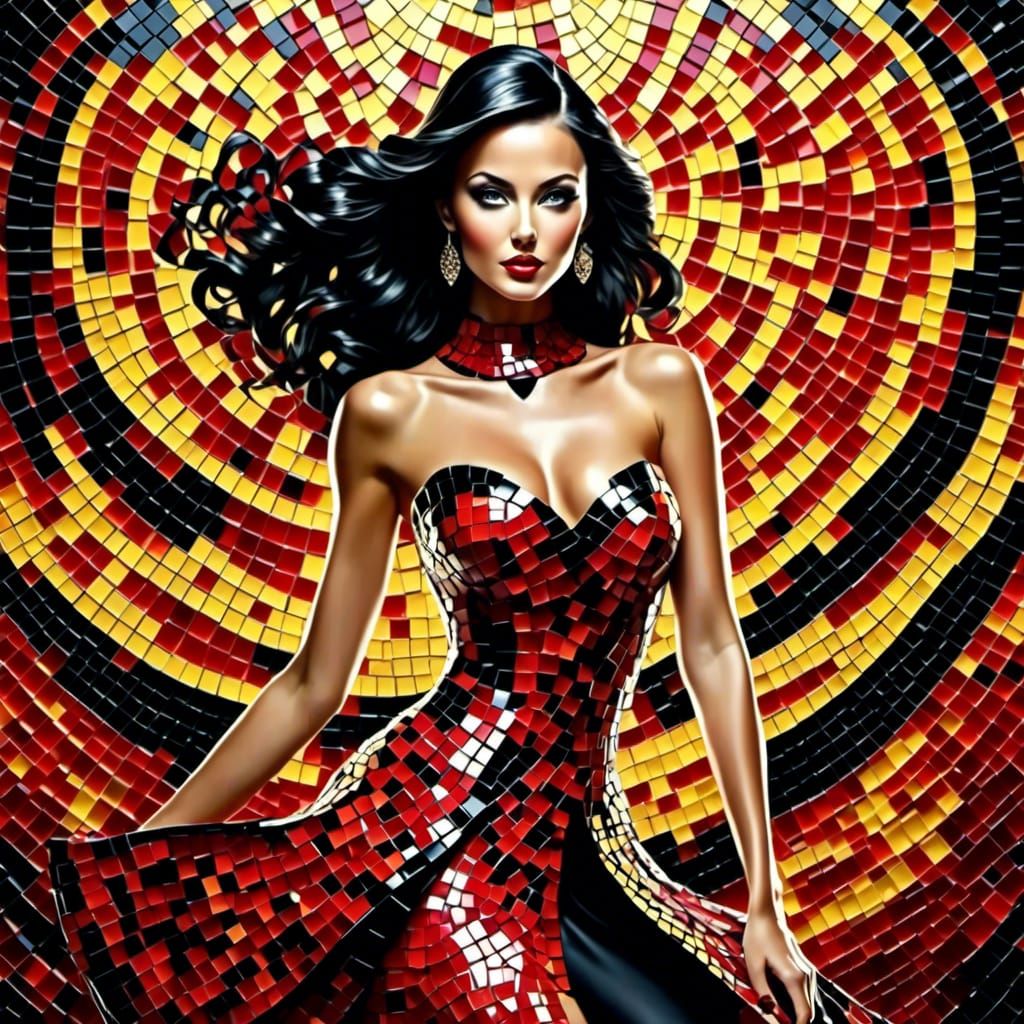 Mosaic Woman in Red and Black Dress
