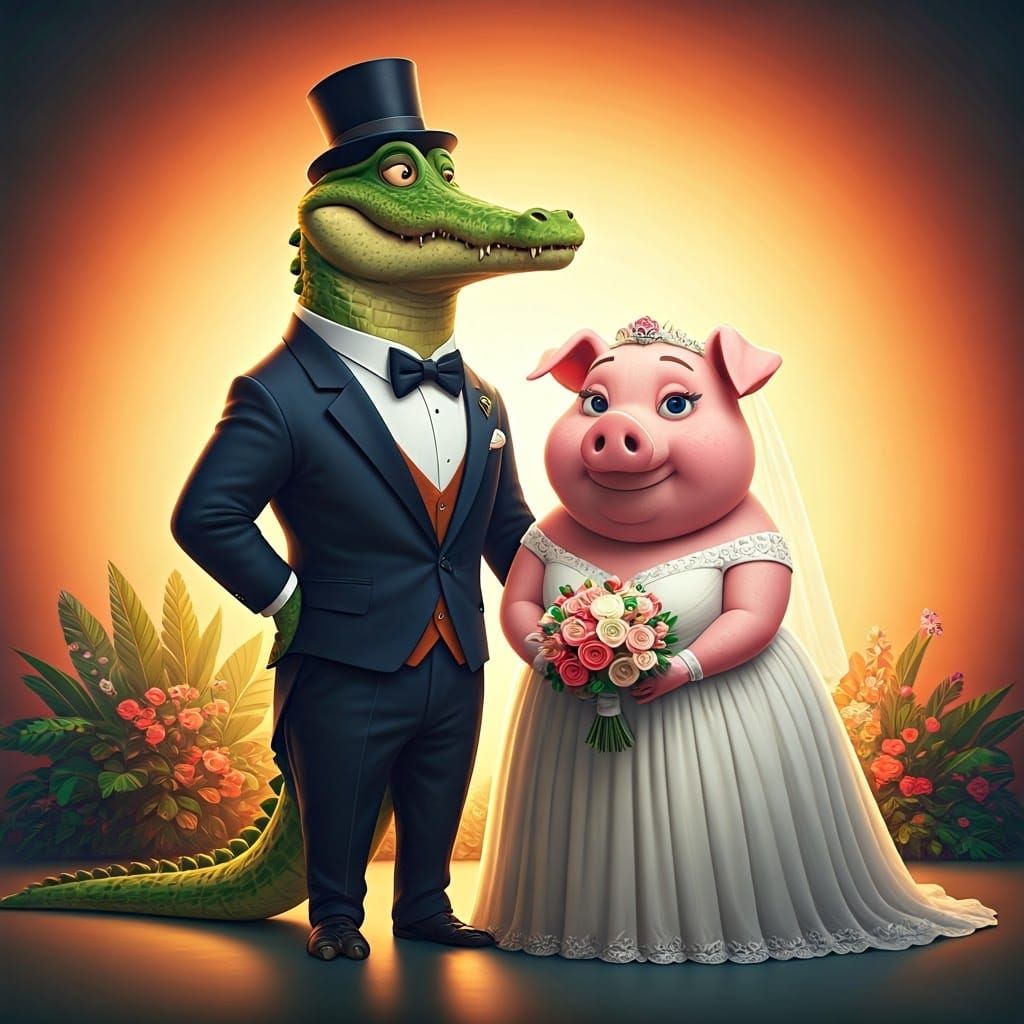 Whimsical Wedding Scene of Crocodile and Pig in 4K Digital A...