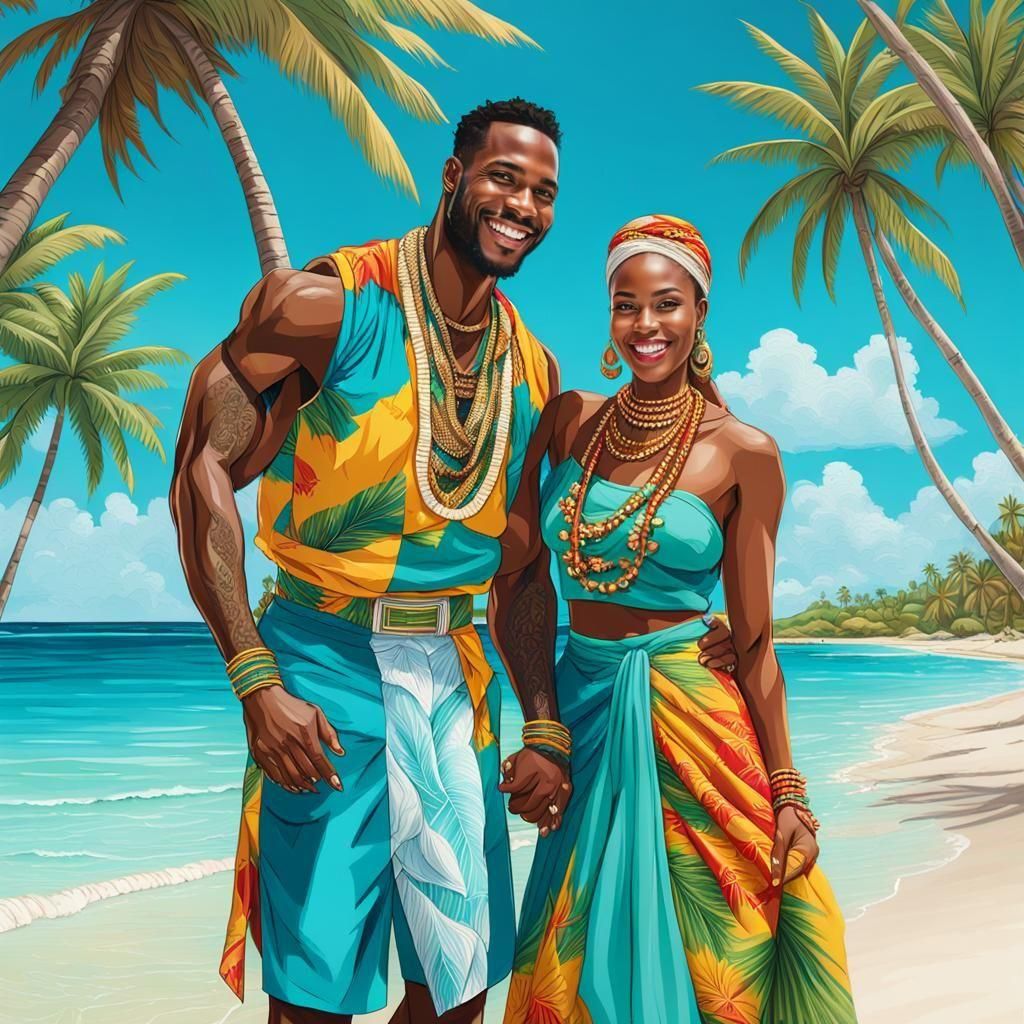 Happy Couple in Barbados: Traditional Clothing on Pristine B...