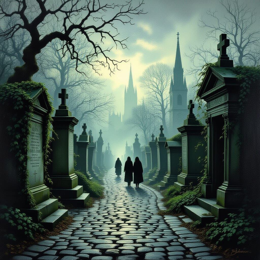 Atmospheric Oil Painting of Highgate Cemetery