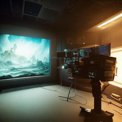 Detailed Newsroom in 3D Game Cinematic Style