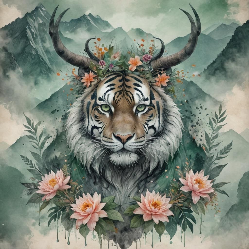 Mystical Mountain God Portrait in Watercolor