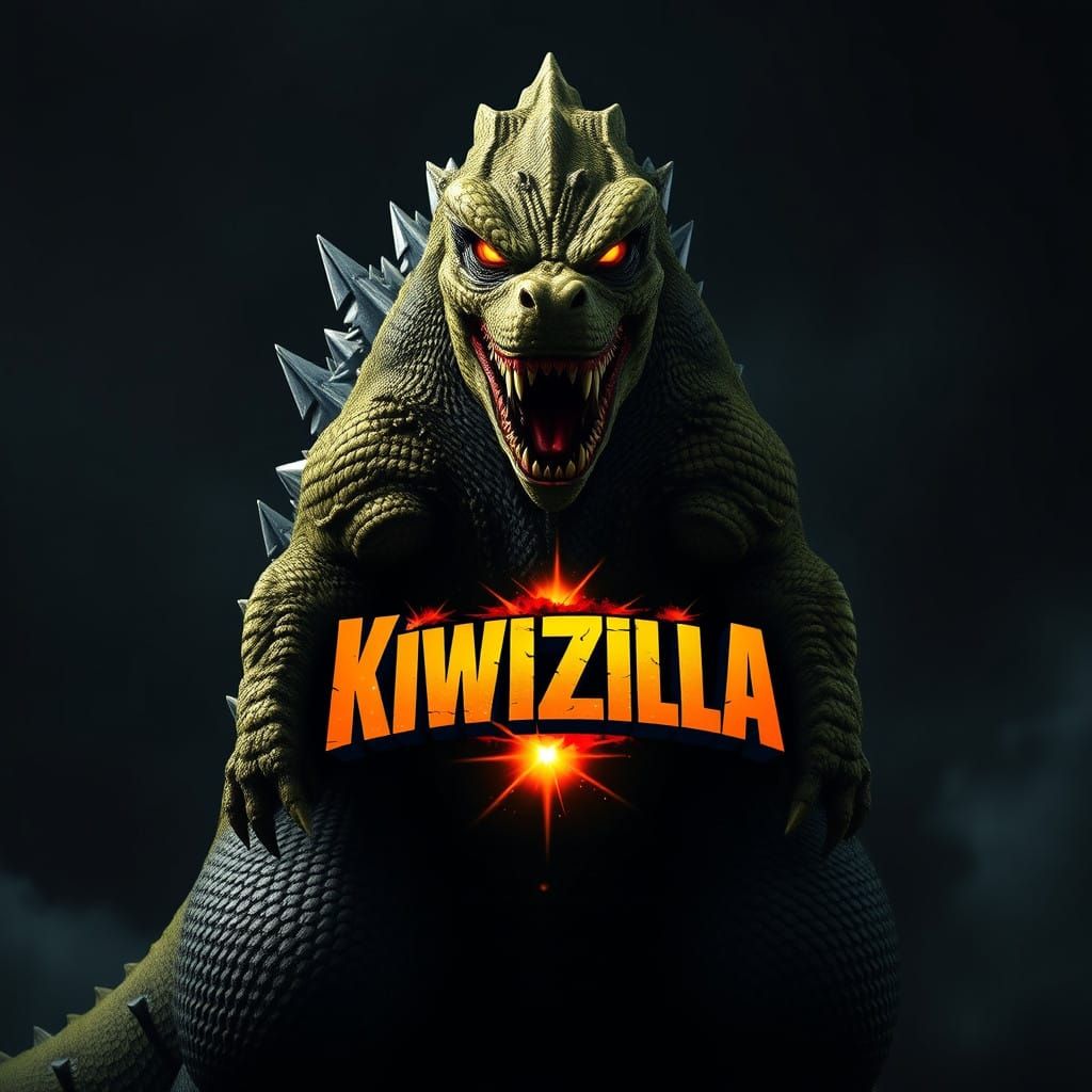 Menacing Kiwizilla Monster Stands Tall in Dark, Moody Backgr...