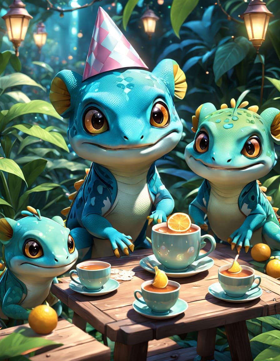Geckos Tea Party in Fantasy Garden, Kawaii Art