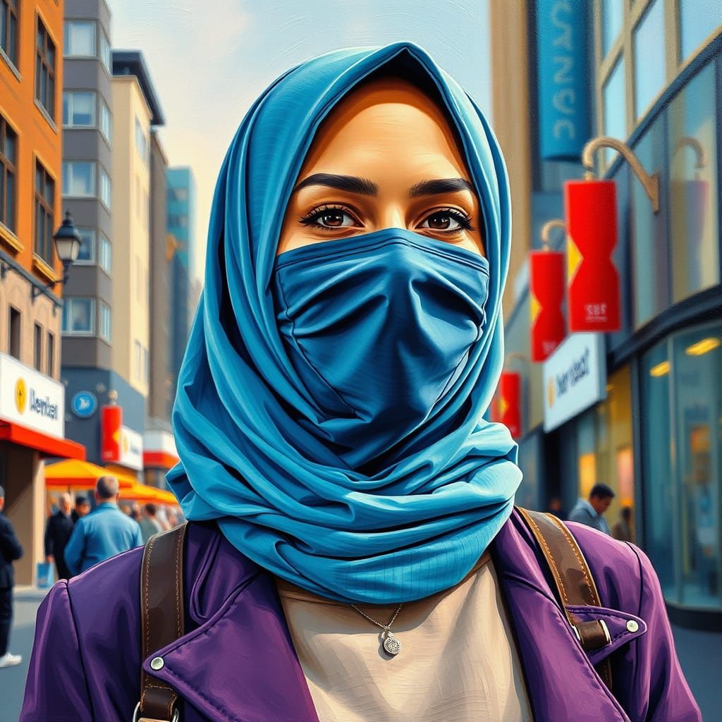 Surreal Oil-Guache Portrait of a Modern Hijabi Woman in City...