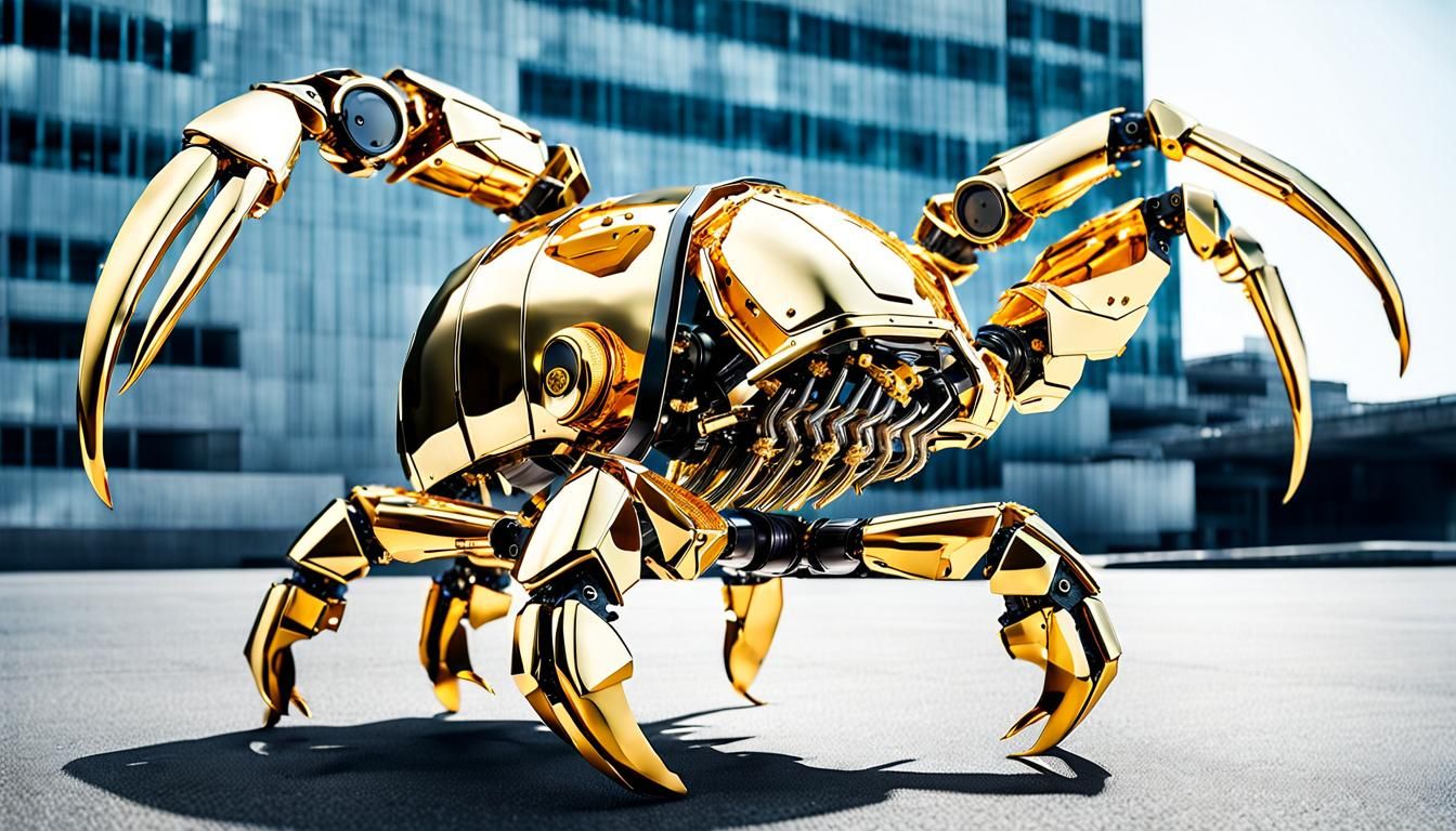 Futuristic Gold Chrome Robotic Lobster in Laboratory