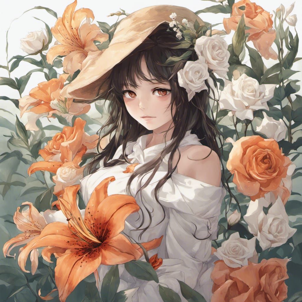 Anime Woman Embodies Tiger Lily and White Rose