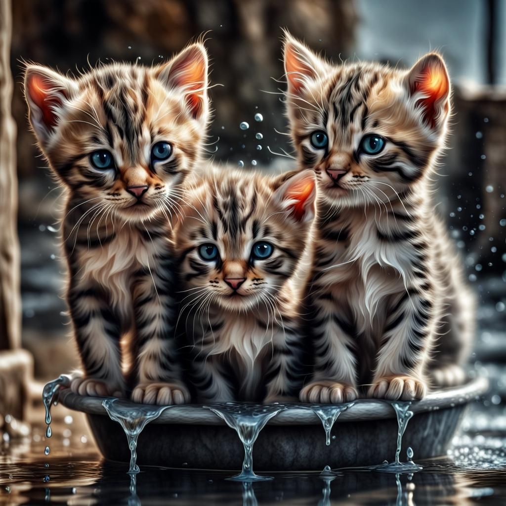 Adorable Kittens Dripping with Water: Hyperrealistic Image