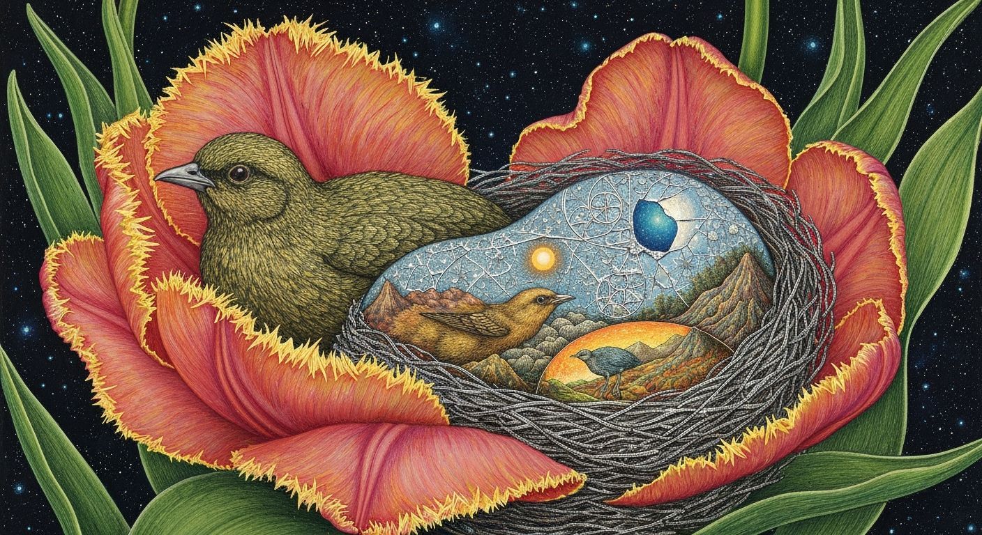 Detailed Bird in Frilled Tulip Petals