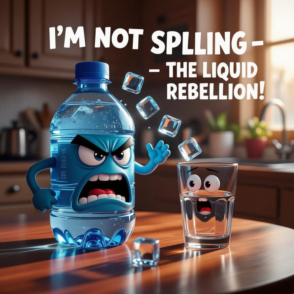 Angry Water Bottle Rebels with Leaping Ice Cubes
